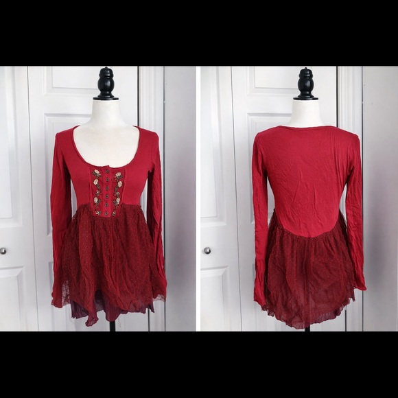 Free People Embroidered Mesh Layered Babydoll Top – Burgundy - Picture 5 of 5